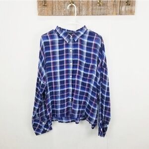 Sanctuary Blue Checked Plaid Boyfriend Button-Down Shirt – Size Large